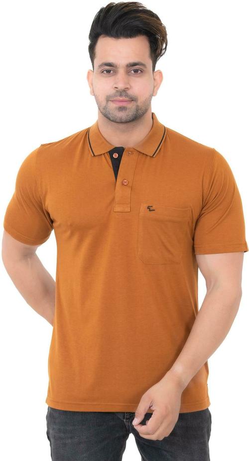 Embro Men Solid Polo Neck Poly Cotton Yellow T-Shirt