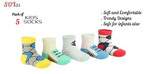 SOX 23 New Designs and Ultimate Comfort: Combed Cotton Baby Boy Socks- Cute- Stylish Socks, Breathable and Durable- Multicolor- Pack of 5 (3-6 Months)