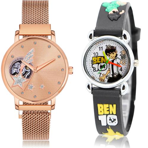 GROOT Latest Valentine Magnet Chain And Ben 10 Kids Rose Gold And Black Colour Analog Metal And Plastic Belt 2 Watch Combo For Women And Girls - GM241-GC86