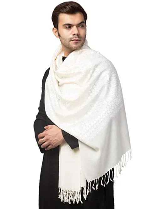 Tweedle Men White Wool Kashmiri Silken Thread Embroidery Muffler