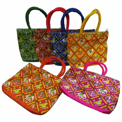 Purple Pink Traditional Patola Printed Potli Purse For Women With Zipper, Potli Bags For Return Gifts, Potli Pouches For Baby Shower, Potli Purse For Potli Bags For Gifting - Pack Of 6