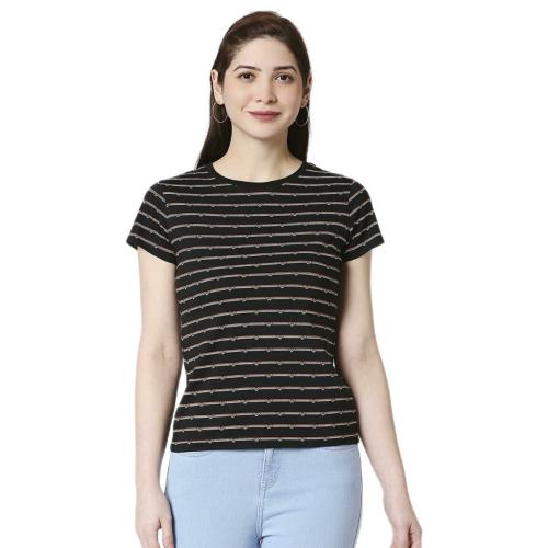 Bewakoof Women's Wonder Woman stripe Horizontal-Stripes Black Round Neck Half Sleeve T-shirt