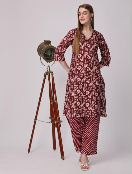 ANASCO INDIA VUYING HOUSE Gedap Women Kurti Pajama Set | 100% Rayon Kurti Set | Majenta Kurti pajama Set