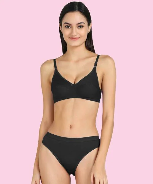 DHANDAI FASHION Women Black Solid Cotton Blend Bra and Panty Set