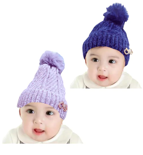 TRUBLIZ Combo - Warm knitted Beanie Fur Pom Pom Hat, Winter warm hat for toddler, Baby Boys, Girls, Kids Woolen Hats Warm Plush Beanie Hat Super Soft Winter Warm Hat, Knitted Hats, Woolen Hats. (Navy Blue, Grey)