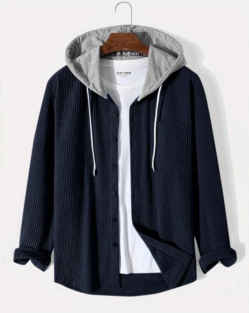 EYEBOGLER NAVY BLUE MENS REGULAR FIT CASUAL HOODED SHIRT