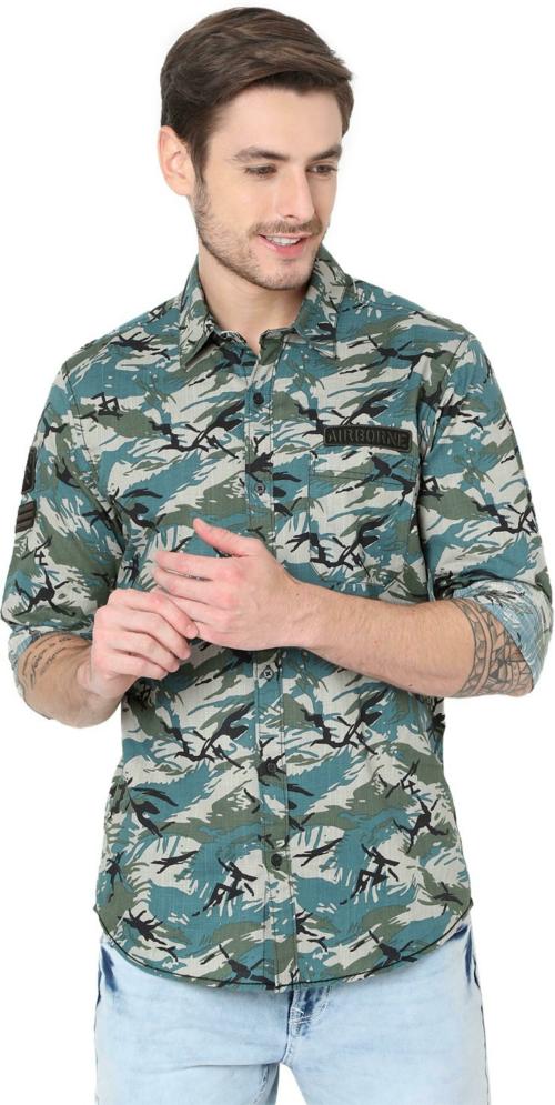 Mufti Olive Camo Print Slub Slim Fit Casual Shirt