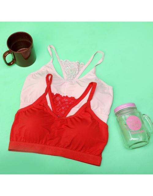 D Life Dream Life Women Lycra Lace Fabric Grey and Red Full Coverage Padded Bra Pack of 2