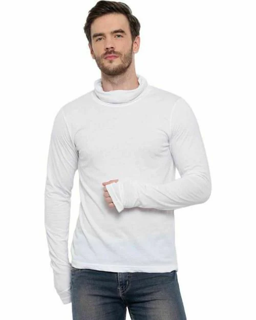 Glito Solid White Full Sleeves Thumbhole High Neck With Mask attached T-shirts For Men's