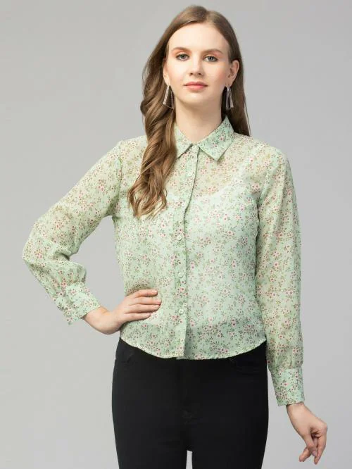 Bitsy Owl Women Green Floral Print Georgette Shirt Style Top|TOPS|WOMEN TOPS|GIRLS TOP|WESTERN WEAR|WOMEN