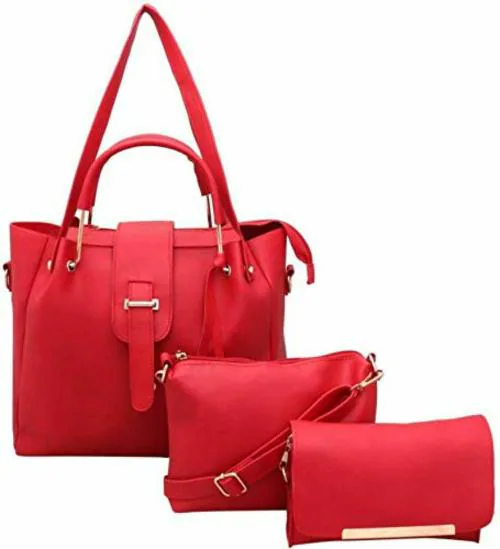 Hercraft Handbag For Women. Combo Of Set Of 3 Bags(1 Main Handbag, 1 Sling Bag, 1 Sider Bag). Red