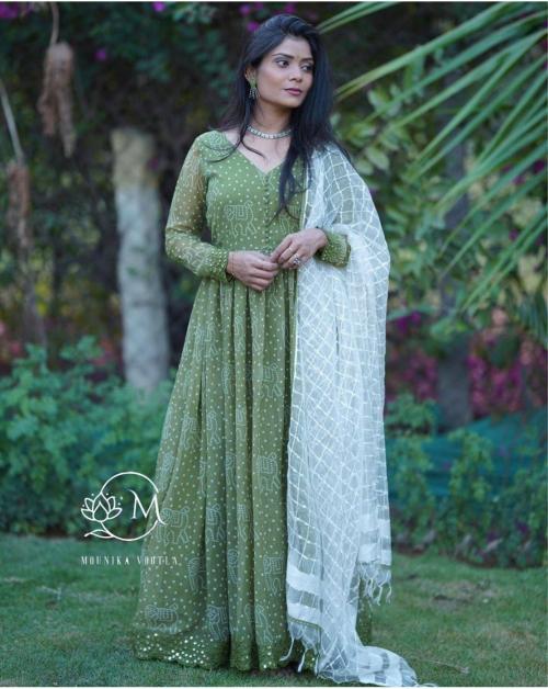 Mona Design Studio Anarkali Ethnic Floral Print designer Long Gown Latest India Gown Dress for Women-L|Green