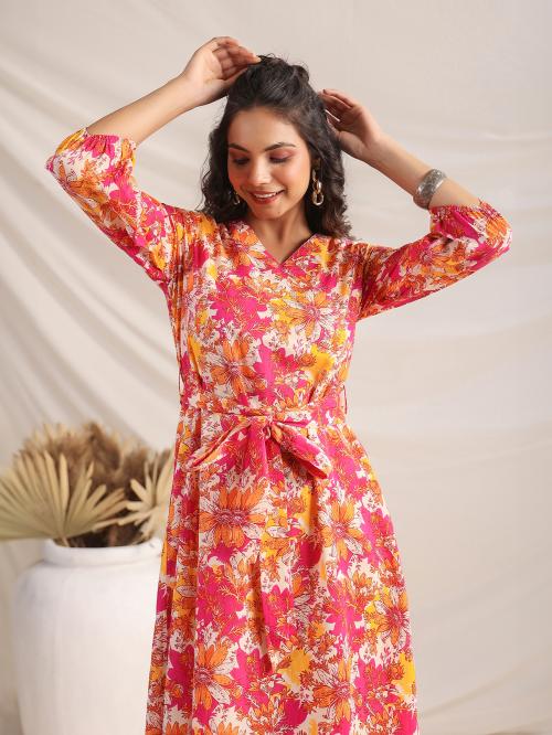 Janasya Women's Multicolour Cotton Floral A-Line Dress