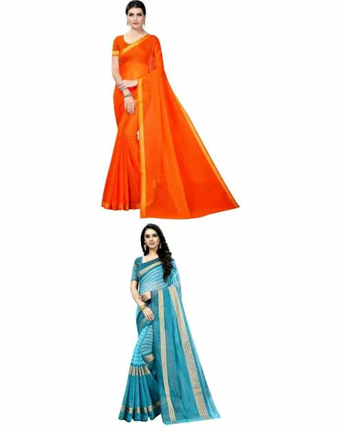 Vkaran Women's Orange & Firozi Colour Cotton Silk Saree With Blouse pack of 2