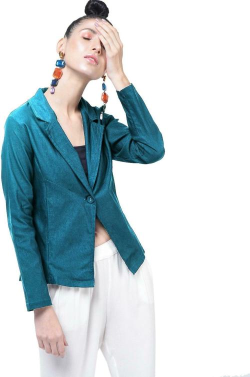 HRIKSHIKA FASHION Women Light Blue Solid Cotton Blend Blazer
