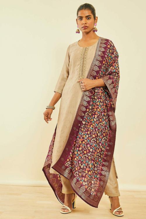 Soch Beige Silk Blend Embroidered Suit Set With Zardosi