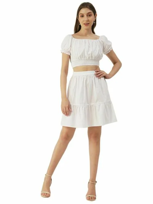 Moomaya Solid Summer 2 Pcs Set For Women, Off-Shoulder Crop Top - Mini Skirt Coord Set