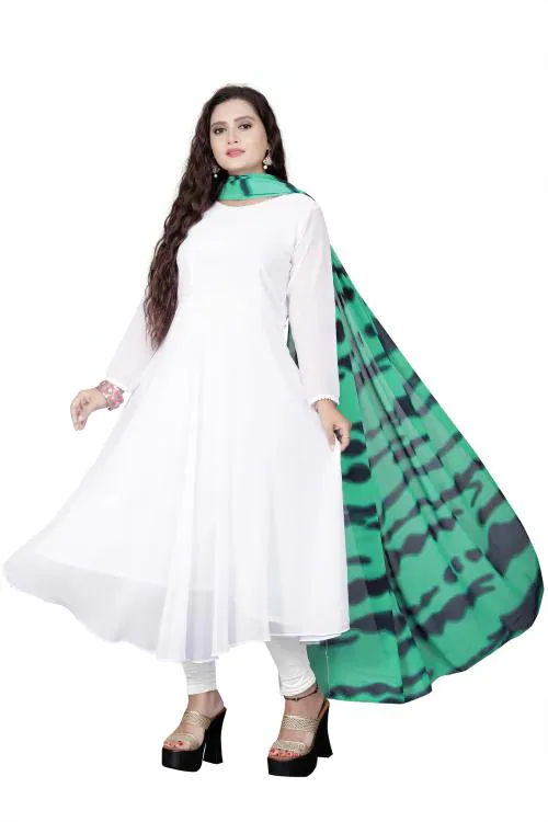 HARRICA FASHION Long Kurti Georgette White Kurta With Dupatta - Rama Green