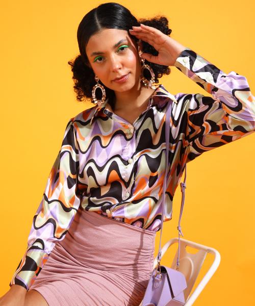 Popwings Casual Lavender Printed Satin Shirt for Women | Shirt for Women Stylish | Latest Design Shirt Women | Collar Shirt For Women