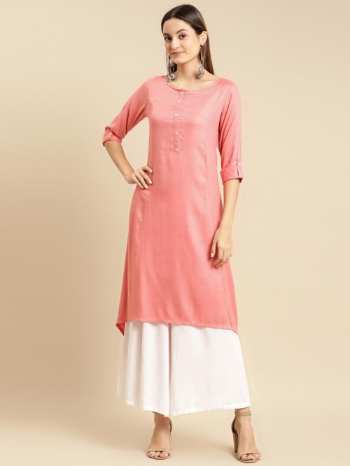 Rangita Women Rayon Coral Self Textured Calf Length High-Low Kurti