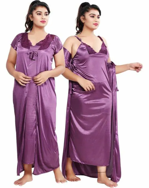 Buy BAILEY SELLS Women Purple Solid Satin Nighty with Robe Free Size