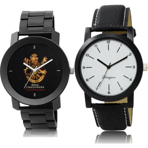 GROOT Latest Fancy Royal Challengers Bangalore Squad (Rcb) Ipl Chain And Sports Black Colour Analog Metal And Genuine Leather Belt 2 Watch Combo For Boys And Men - IPL16-BO4