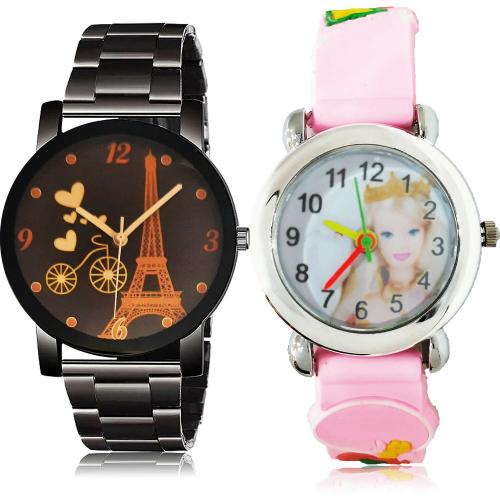 NEUTRON Contemporary Love Bicycle Eiffel Tower Chain And Doll Kids Black And Pink Colour Analog Metal And Plastic Belt 2 Watch Combo For Boys And Men - BCPL10-BK12