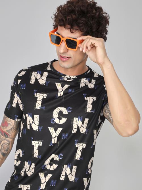 CRASTIC Men's ABCD Printed Round Neck Half Sleeve Casual Black T-shirt