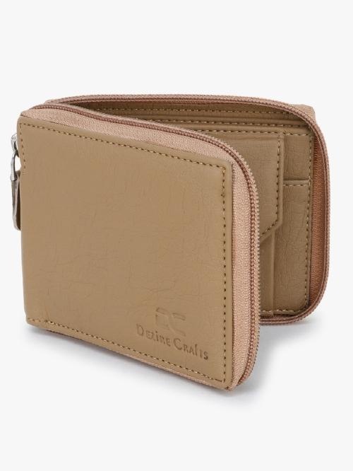 DEZIRE CRAFTS Stylish Round Zip Bi-Fold, Textured PU Leather, Beidge Round Zip Wallets For Men