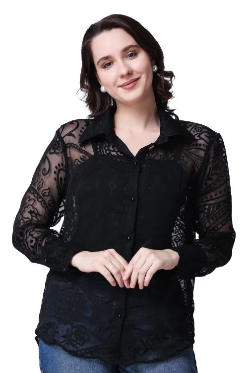 Popwings Casual Black Net Laces Brasso Design Transparent Shirt for Women | Shirt for Women Stylish | Latest Design Shirt Women | Collar Shirt For Women