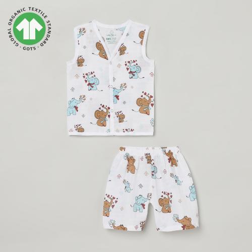 The Boo Boo Club 100% Muslin Organic Cotton Button Jhabla and Short Set | GOTS certified Cotton | Sleeveless Vest | Summerwear Set | Elephant Animal Print | 0-3 Months