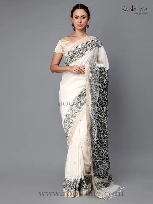 Roots Tale WHITE BLACK MADHUBANI COTTON SAREE