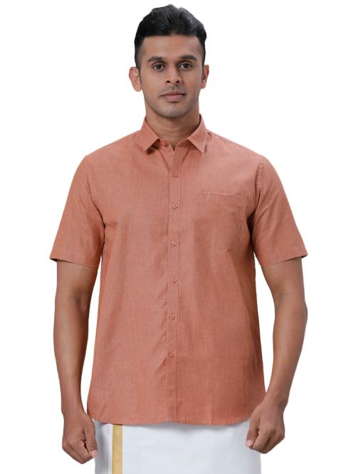 RAMRAJ Men 100% Cotton Half Sleeve Orange shirt- Prestigious Fit & Liberty Cut (40; Orange)