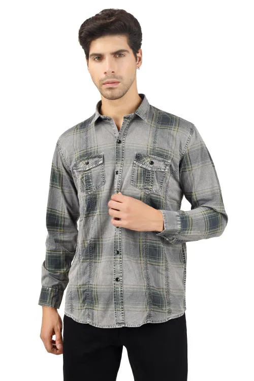 tdi Full Sleeves Formal Slim Fit Grey Check Shirt with Regular Collar Shirt .