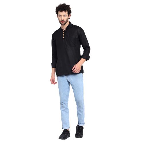 GURUSHARAN FASHION Men's Polyster Straight Short Kurta Regular Fit Shirt (Black) Size:-X-Large