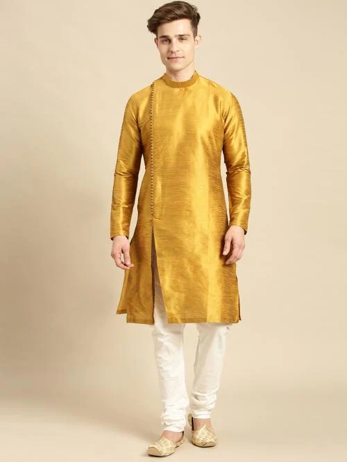Sanwara Men's Solid Designer Art Silk Rich Gold Color Kurta Set