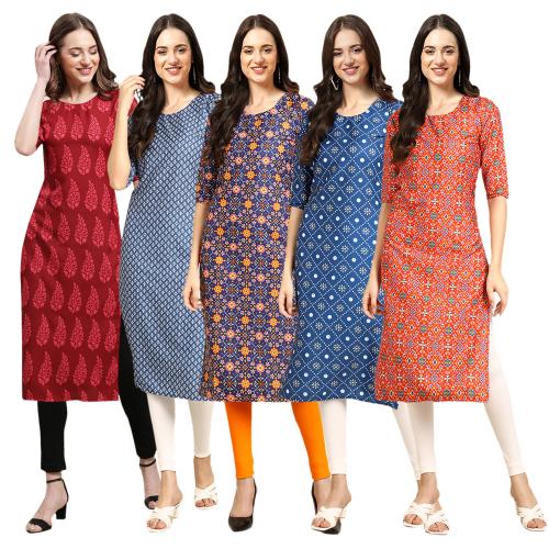 1 Stop Fashion Women's Crepe Digital Print Straight Kurta{Pack of 5}[QC-337-367-369-353-365-L]