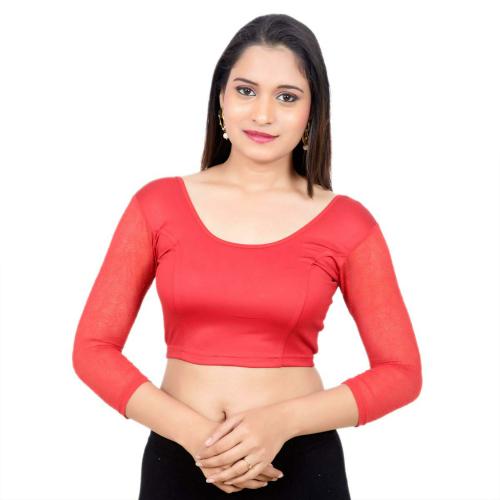 Rinkoo Women's Lycra Solid 3/4 Sleeve Readymade Saree Blouse (V-046-RED_38_V_Red_Medium)
