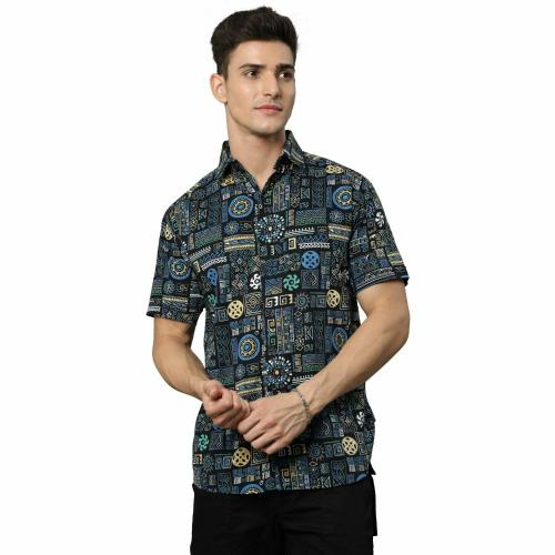 BEVDAAS Printed Black Collared Neck Midnight Drift: Men's Rayon Shirt