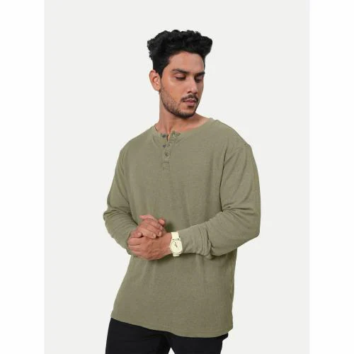Rad Prix Men Olive Full Sleeve Henley Neck T-Shirt