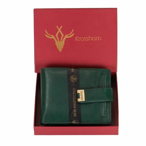 Krosshorn Men Casual Green Artificial Leather RFID Wallet - Regular Size