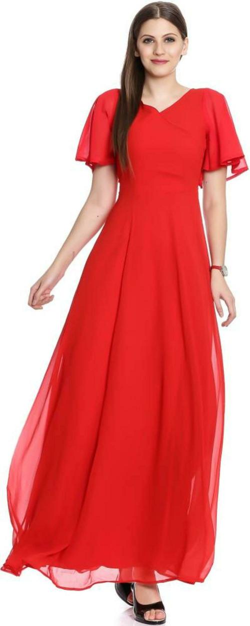 scenestealer Women Red Solid Poly Georgette Maxi Dress - M