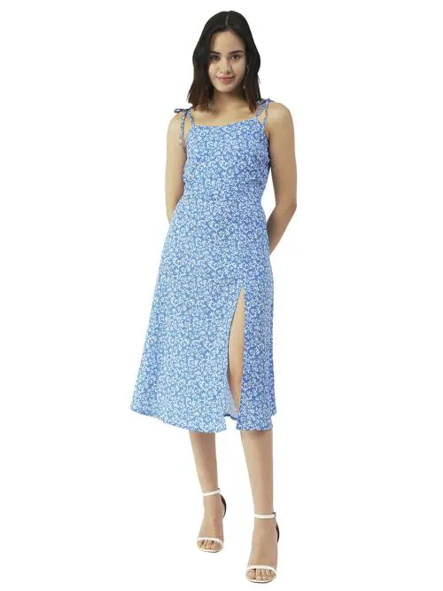 Moomaya Printed Strap Dress, Thigh High Slit Bodycon Long Dress, Club Wear