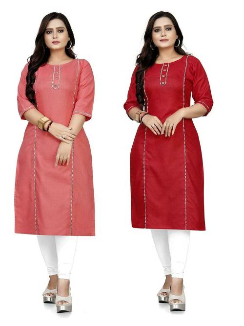 LERKIZA Women Pink and Red Ruby Cotton Pack of 2 Kurtis