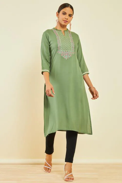Soch Womens Green Rayon Embroidered Kurta With Thread Work