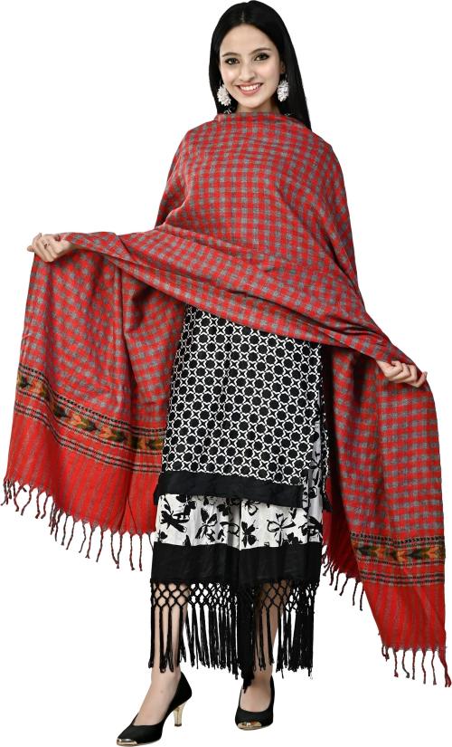 FusFus Women Maroon and Grey Checkered Wool Shawl - Free Size