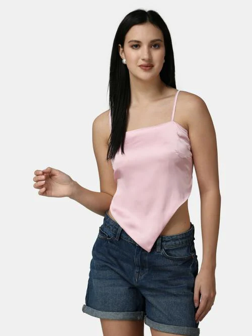 Popwings Women Casual Pink Satin Scarf Knot Solid Crop Top | Women Tops | Tops | Latest Trendy Tops | Stylish Tops | New Design Tops