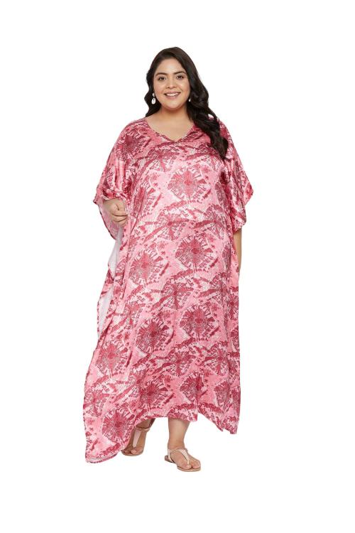 Riara Women Plus Size Kaftan Night Dress Poly Satin Maxi with Kimono Sleeves for Ladies Pink