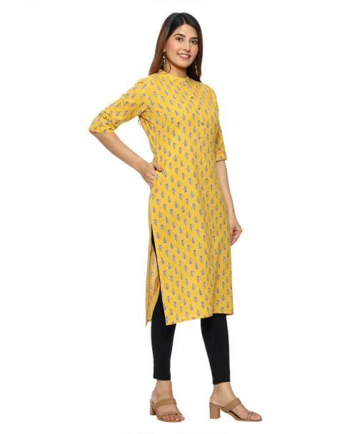 Wild Cat Yellow Jaipuri Print Cotton Kurti (X-Large)