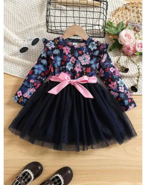 Tior Toddler Girls Floral Print Mesh Overlay Belted Dress| Dresses | Kids Wear | Girls Dress | Kids Dress | Frock | Frock Girls | Girls Frock | Dresses For Girls | Kids Girl Dress | Frock For Girls | Dress For Girls | Kids Wear Girls